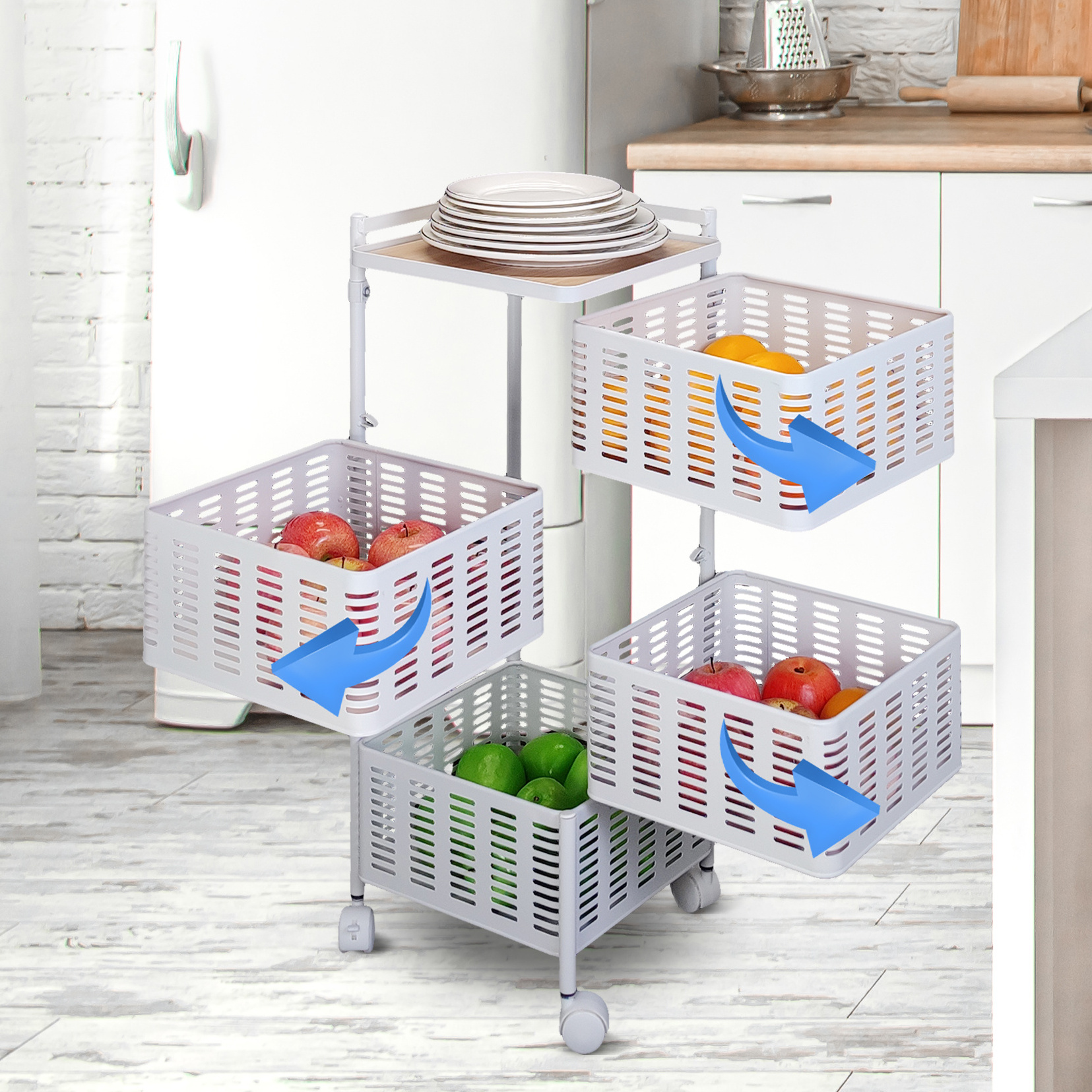 Four tier Metal wire mesh basket shelf with wheels for shelves Kitchen and living room