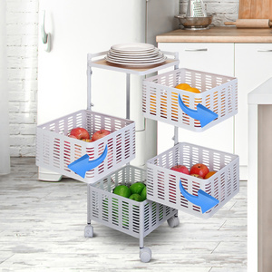 Four tier Metal wire mesh basket shelf with wheels for shelves Kitchen and living room