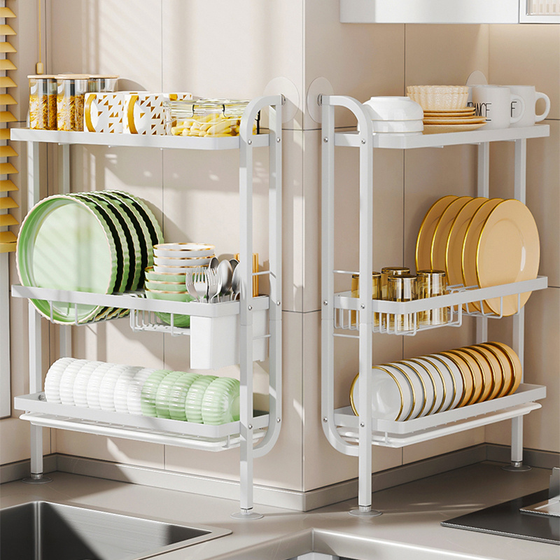 Multi-functional 3 Tier Metal Dish Rack Wall Mount Over The Sink Drainer Drying Plate Rack