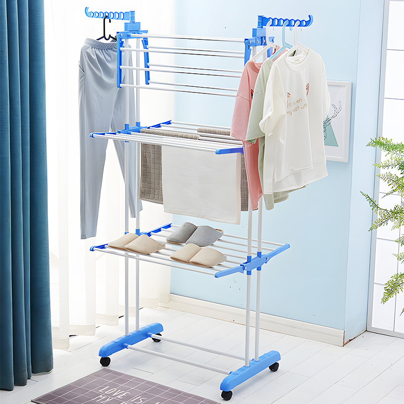 3 Layers Foldable Movable Drying Laundry Hanging Clothes Rack Rolling Garment Hanger Rack