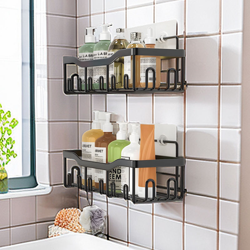 Customizable Wall-Mounted Bathroom Accessories Organizer Basket Black Adhesive Shelf Shower Caddy