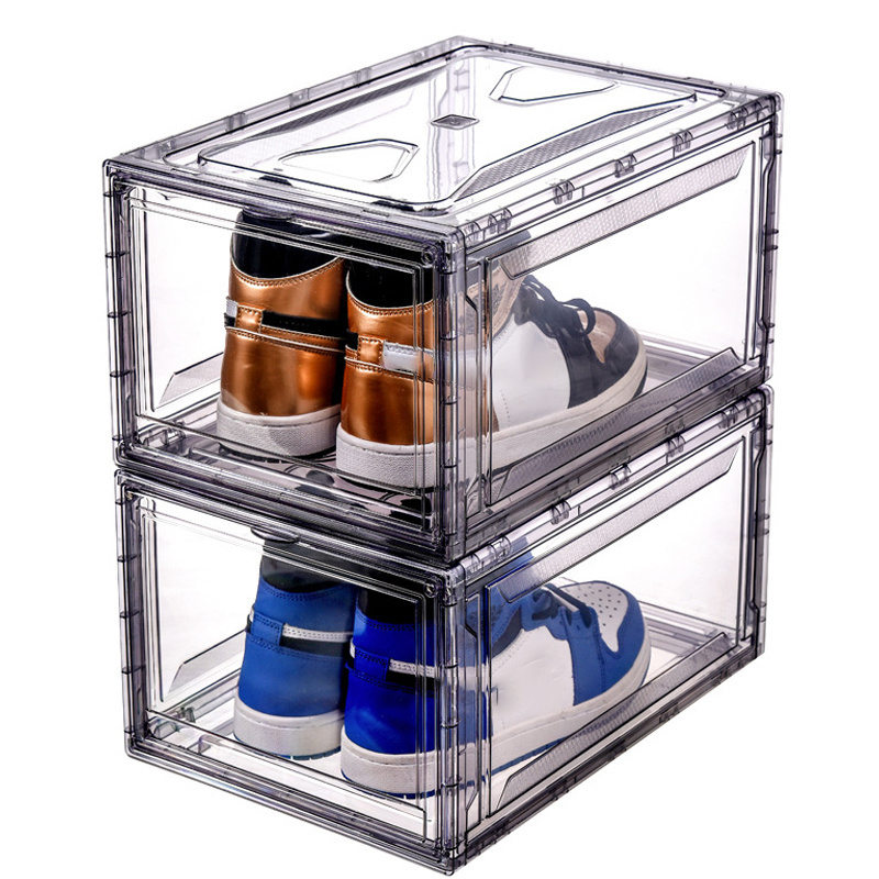 Wholesale Foldable Transparent Plastic Sneaker Stackable Shoe Storage Boxes Drawer Type Magnetic Clear Shoe Box