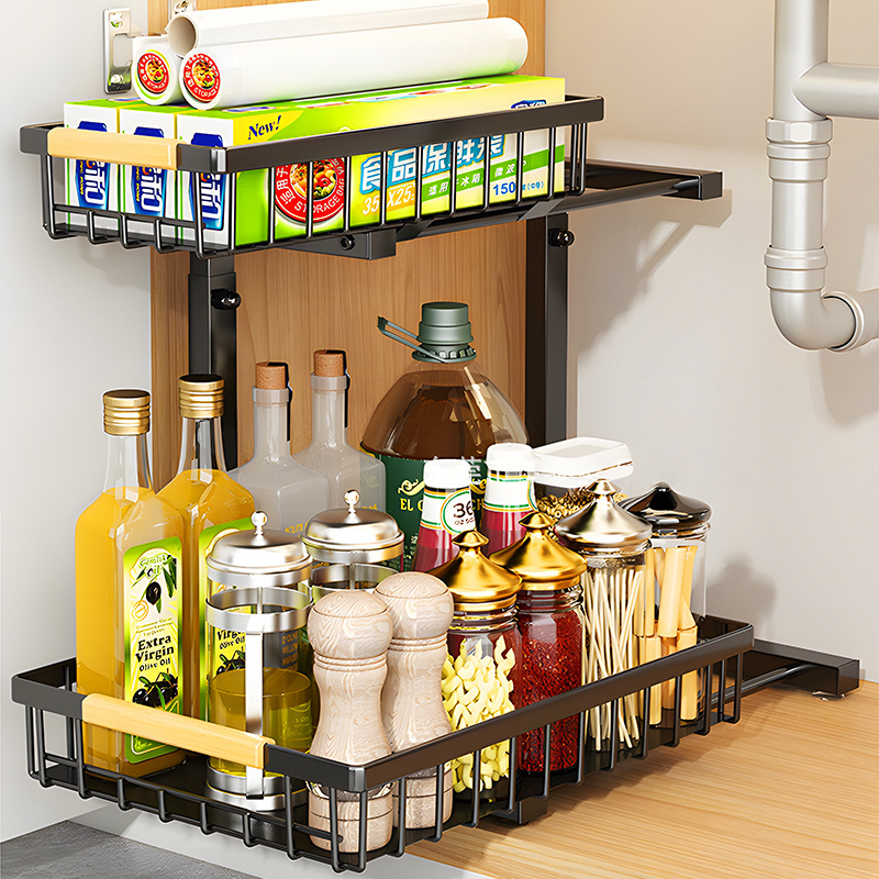 Sliding Drawer Organizer Under Sink Rack Bathroom Counter Shelf 2 Tiers Spice Rack Black Metal Adjustable Height Rack