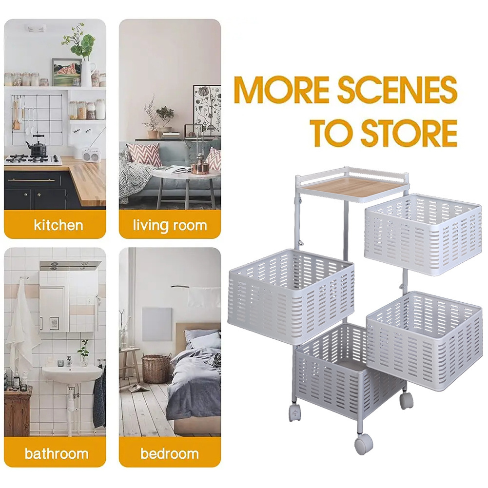 Four tier Metal wire mesh basket shelf with wheels for shelves Kitchen and living room