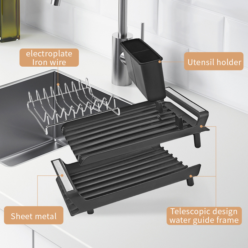 Retractable Over The Sink Dish Drying Rack Metal Adjustable Dish Drain Removable Utensil Holder Organizer