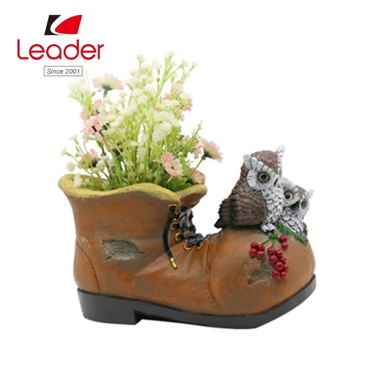 Old Brown Boot Flower Plant Pot Vase with Owl Design Planter Shoe Shaped Flower Pot