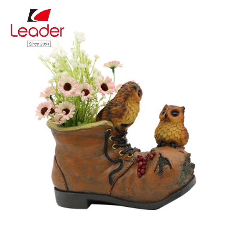 Old Brown Boot Flower Plant Pot Vase with Owl Design Planter Shoe Shaped Flower Pot