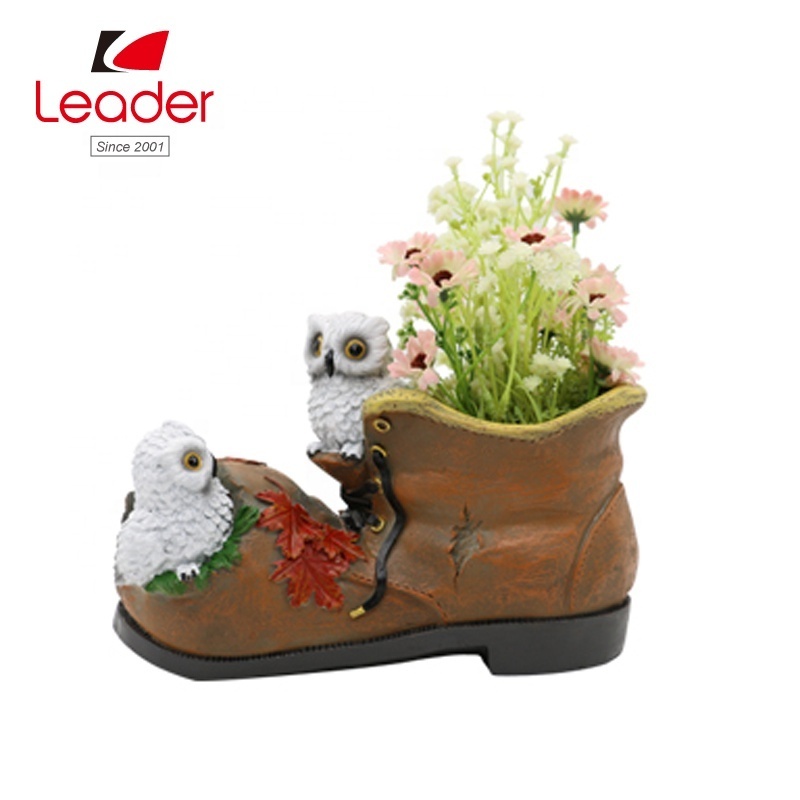 Old Brown Boot Flower Plant Pot Vase with Owl Design Planter Shoe Shaped Flower Pot