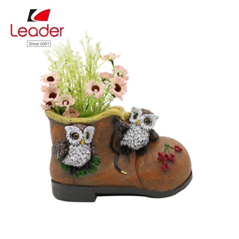 Old Brown Boot Flower Plant Pot Vase with Owl Design Planter Shoe Shaped Flower Pot