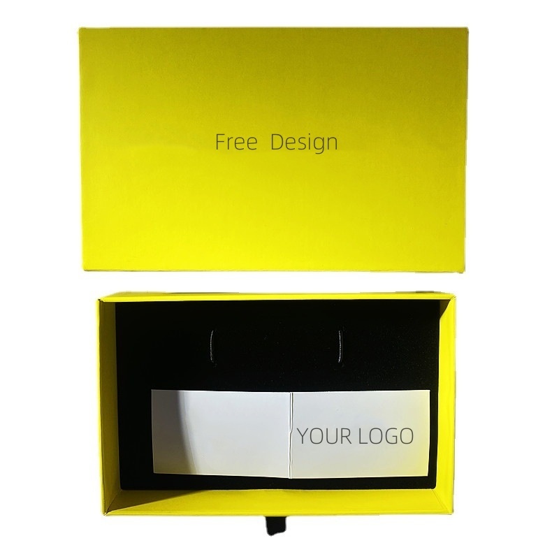 Wholesale Custom logo Sliding Drawer type Packaging Yellow jewelry Gift Box cardboard Drawer jewelry box