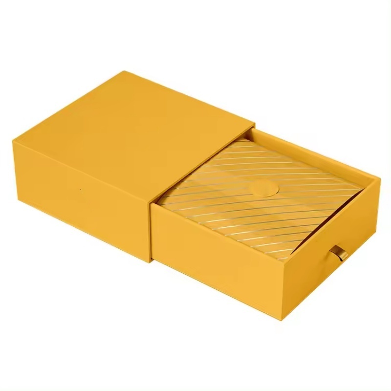 Wholesale Custom logo Sliding Drawer type Packaging Yellow jewelry Gift Box cardboard Drawer jewelry box