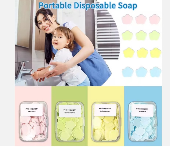 Wholesale OEM Artificial Soap Travel Portable Hand Washing Small Flower Soap Tablets box Packaging Disposable Hand Paper Soap