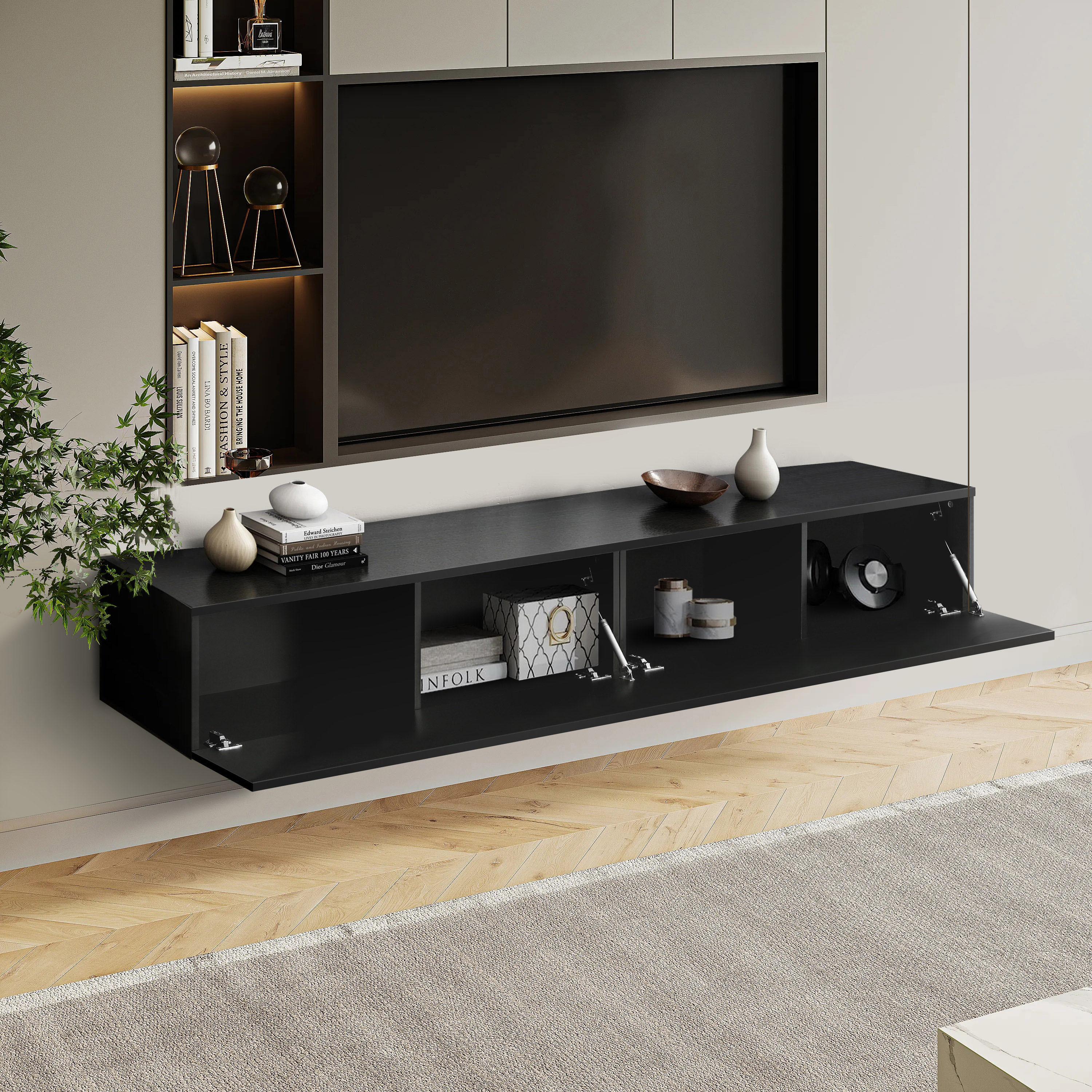 Modern Simple Floating TV  cabinet Wall mounted TV stand with storage sections  for living room