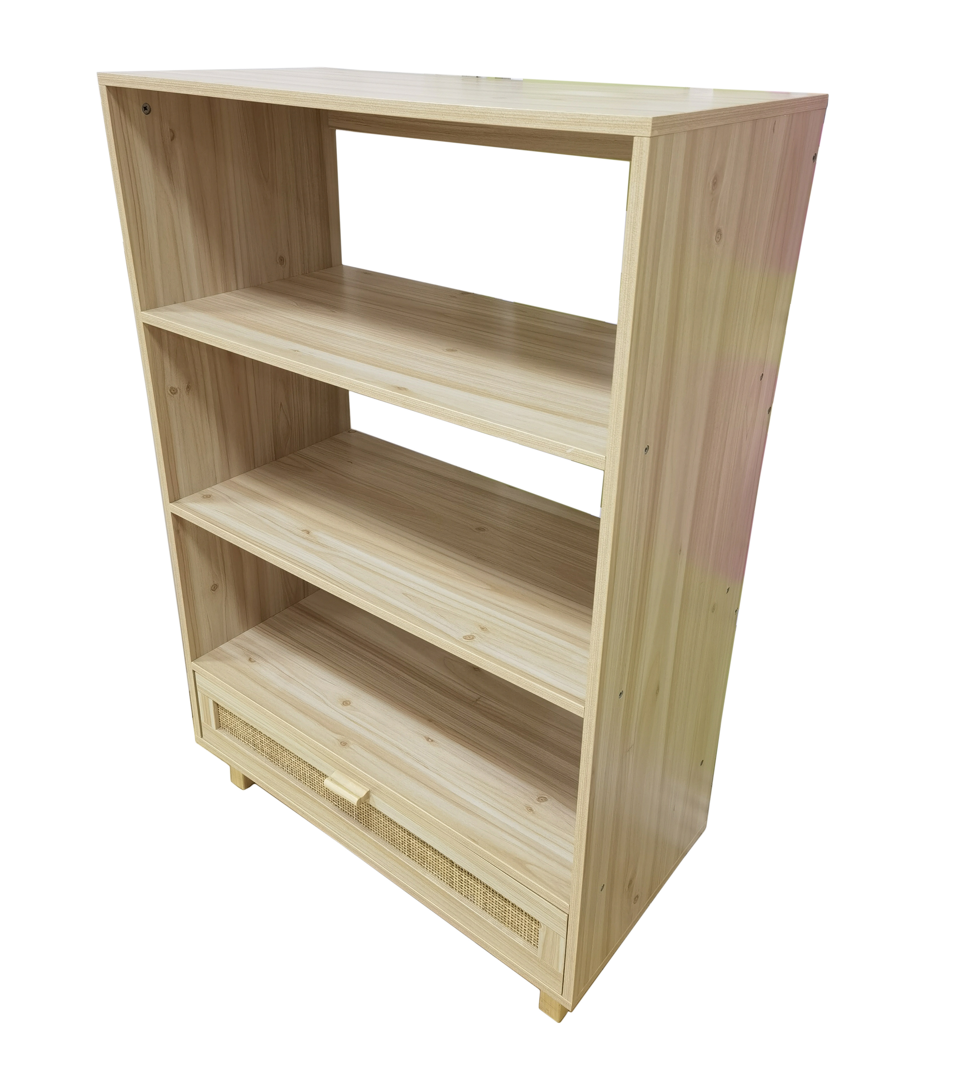 3 Tier Bookcase, 1 Drawer with Rattan Face, Shelving Display Storage Unit Office Living Room Furniture