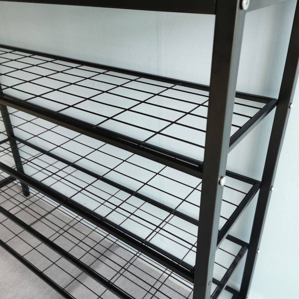 Industrial metal shoe bench rack 4 tier wooden top gridding shoe rack storage organizer, shoe cabinet furniture L21089