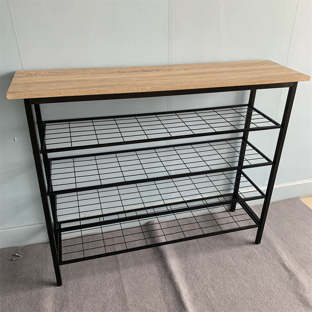 Industrial metal shoe bench rack 4 tier wooden top gridding shoe rack storage organizer, shoe cabinet furniture L21089