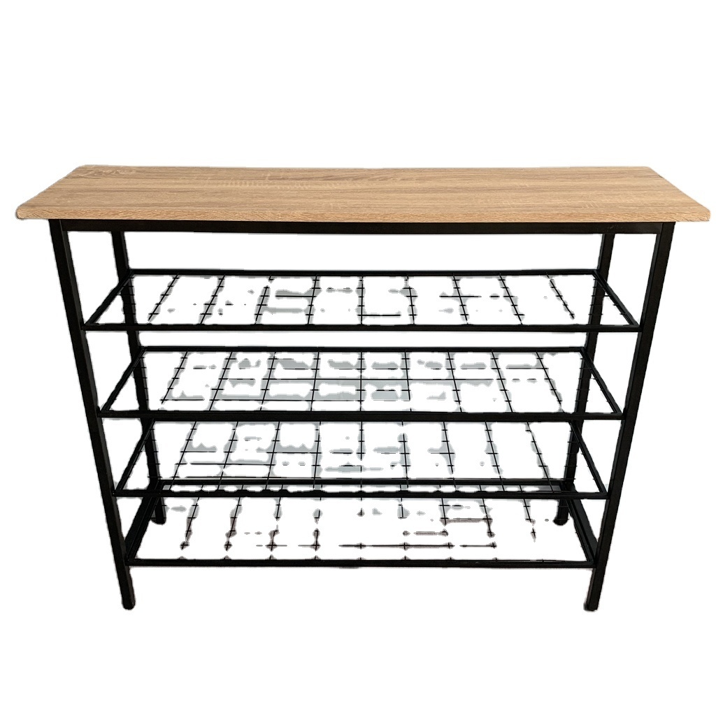 Industrial metal shoe bench rack 4 tier wooden top gridding shoe rack storage organizer, shoe cabinet furniture L21089