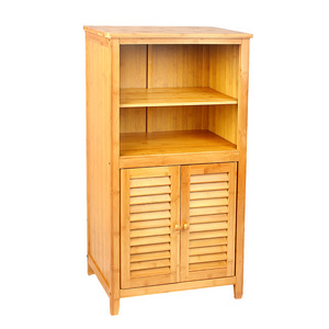 Floor Storage Cabinet, Bamboo Display Organizer Unit with 2-Tier Open Shelves and Double Door, Freestanding Cupboard