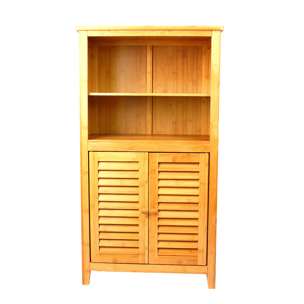 Floor Storage Cabinet, Bamboo Display Organizer Unit with 2-Tier Open Shelves and Double Door, Freestanding Cupboard