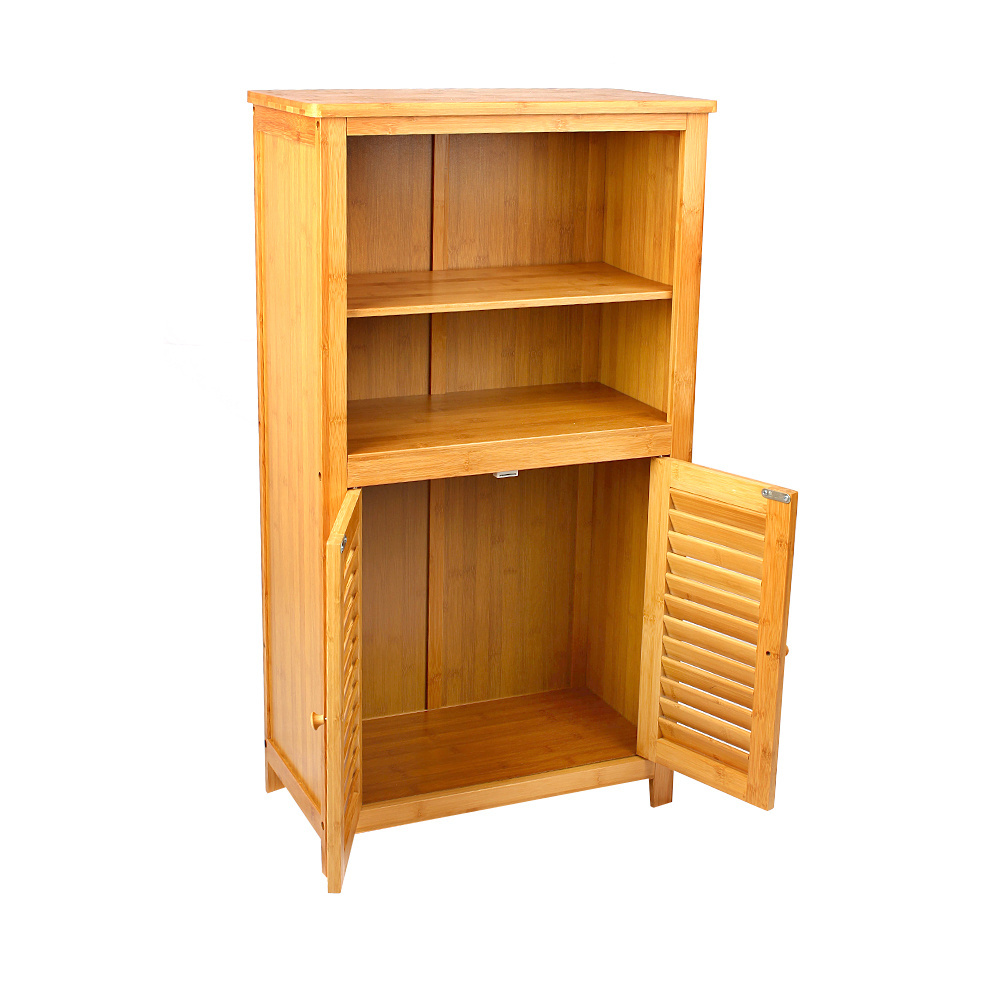 Floor Storage Cabinet, Bamboo Display Organizer Unit with 2-Tier Open Shelves and Double Door, Freestanding Cupboard