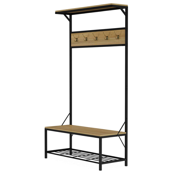 Coat Rack Stand Hallway Hall Tree and Bench with Shelves and Hooks, Matte Steel Frame, Height 182 cm