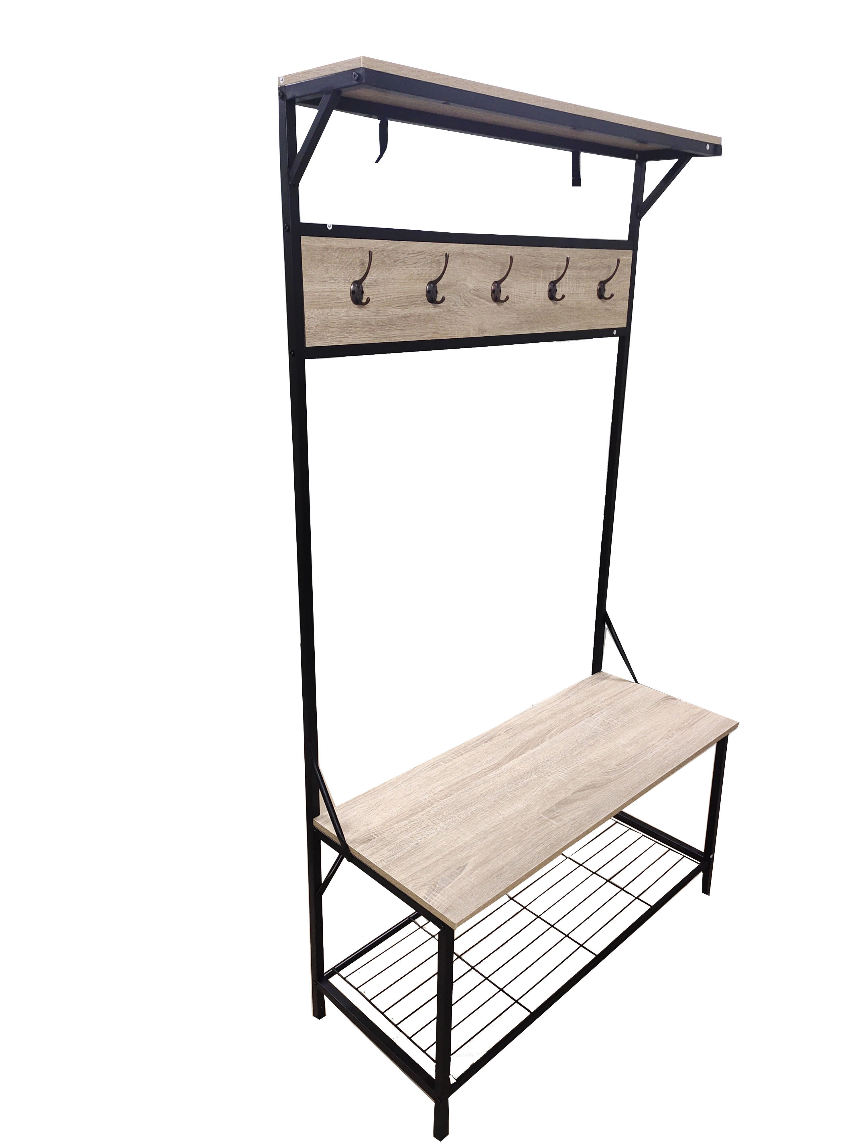 Coat Rack Stand Hallway Hall Tree and Bench with Shelves and Hooks, Matte Steel Frame, Height 182 cm