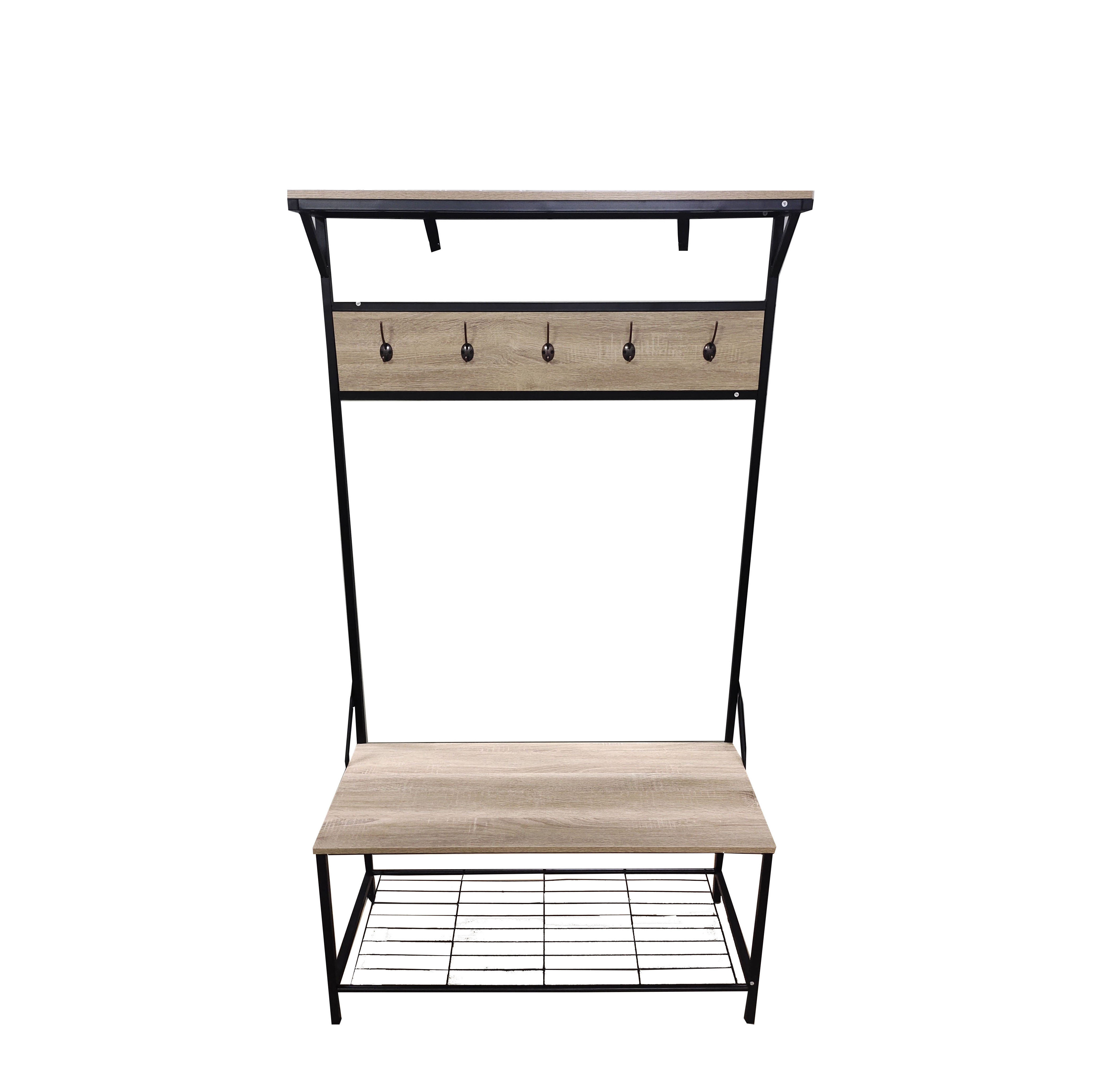 Coat Rack Stand Hallway Hall Tree and Bench with Shelves and Hooks, Matte Steel Frame, Height 182 cm