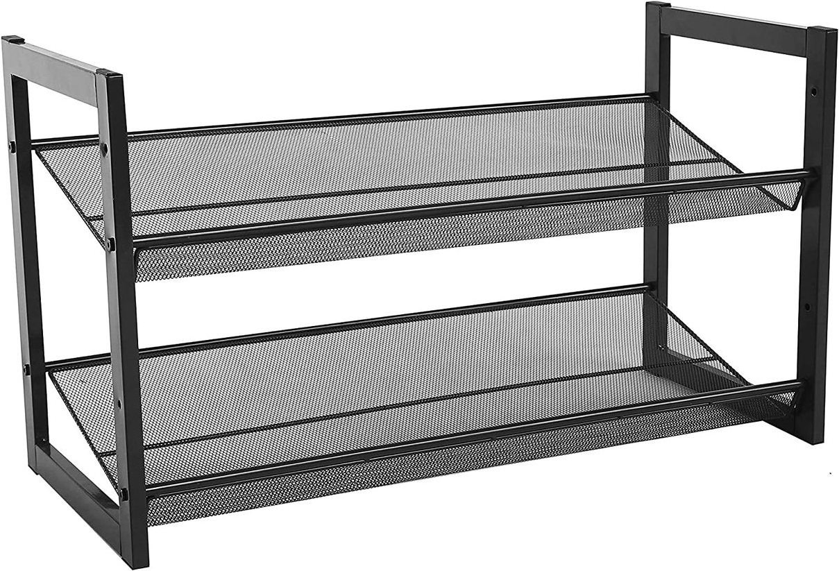 2/3/4 Tier Metal Mesh Shoe Rack with Flat Angled Shelves, Large Stackable and Adjustable Boots Storage Organizer Black