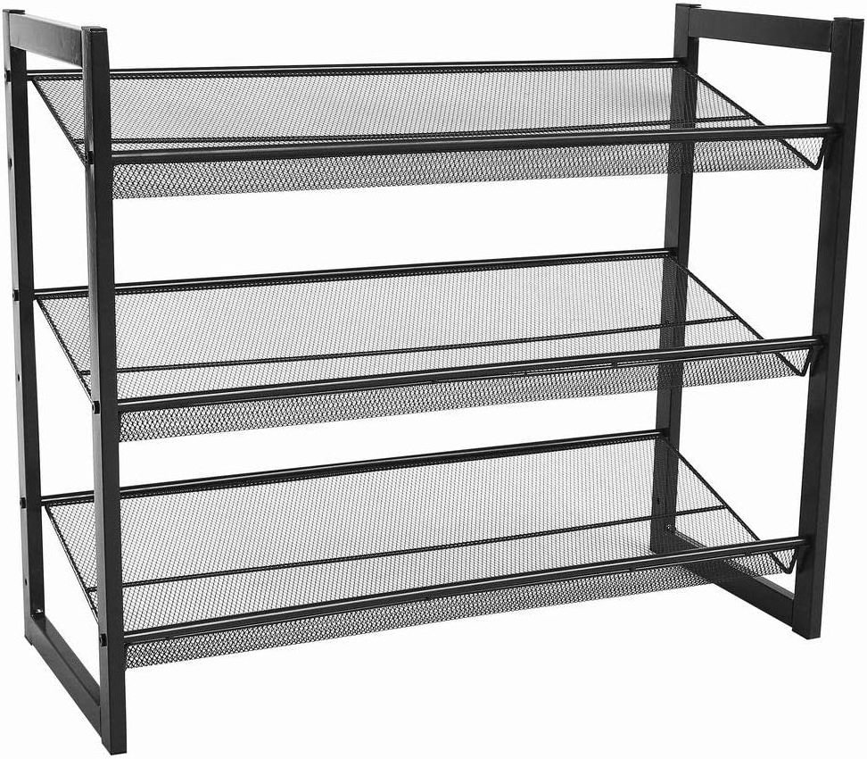 2/3/4 Tier Metal Mesh Shoe Rack with Flat Angled Shelves, Large Stackable and Adjustable Boots Storage Organizer Black