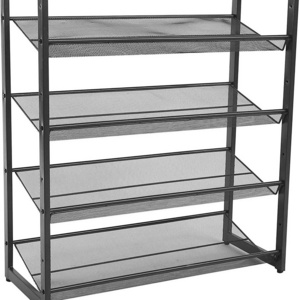 2/3/4 Tier Metal Mesh Shoe Rack with Flat Angled Shelves, Large Stackable and Adjustable Boots Storage Organizer Black