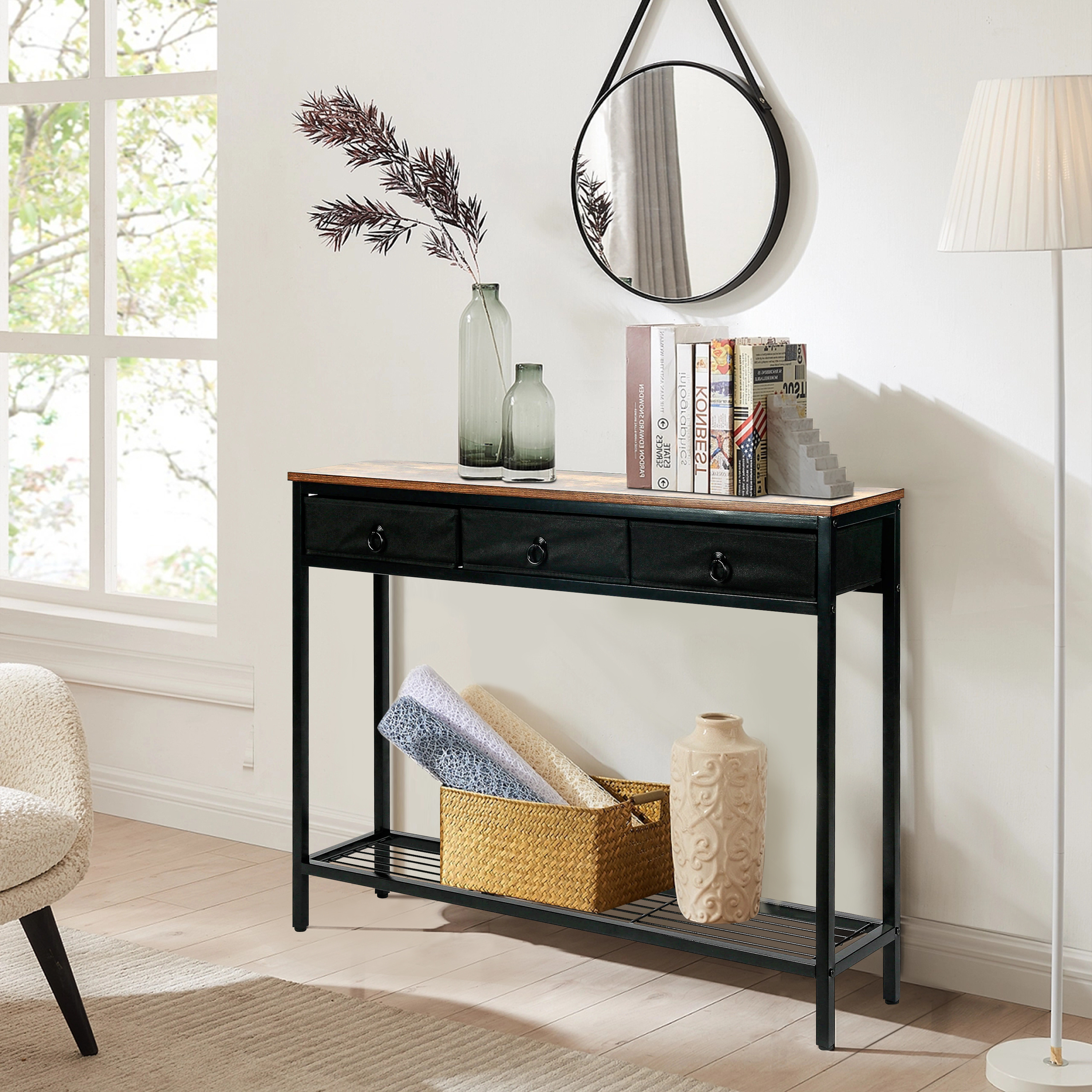 Hallway Table, Slim Sofa Table with 3 Non-woven Drawers, Metal Mesh Frame, Sturdy, Narrow Side Table for Small Spaces, Entrance