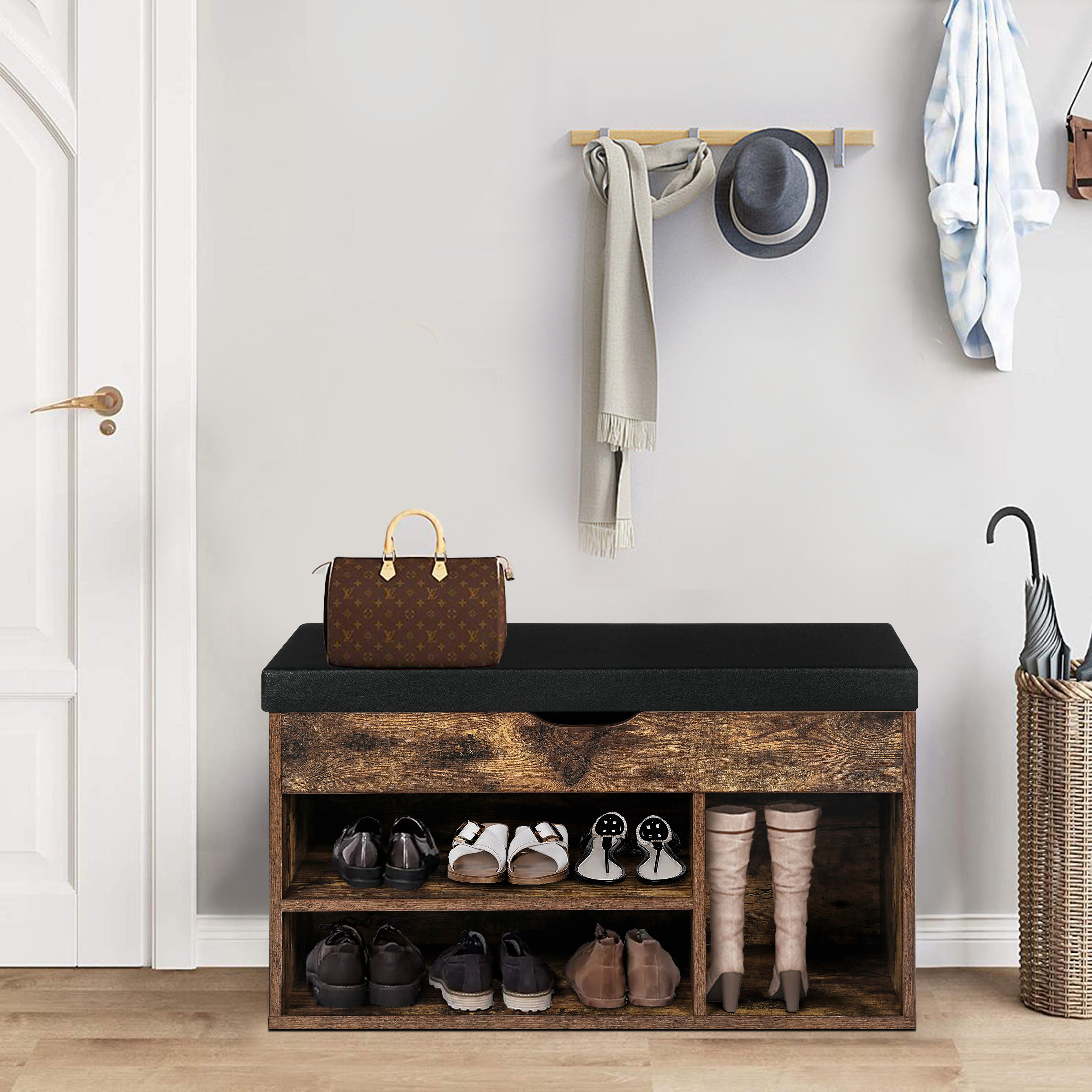 Rustic brown Shoe rack storage organizer shoe bench with cushion for entry