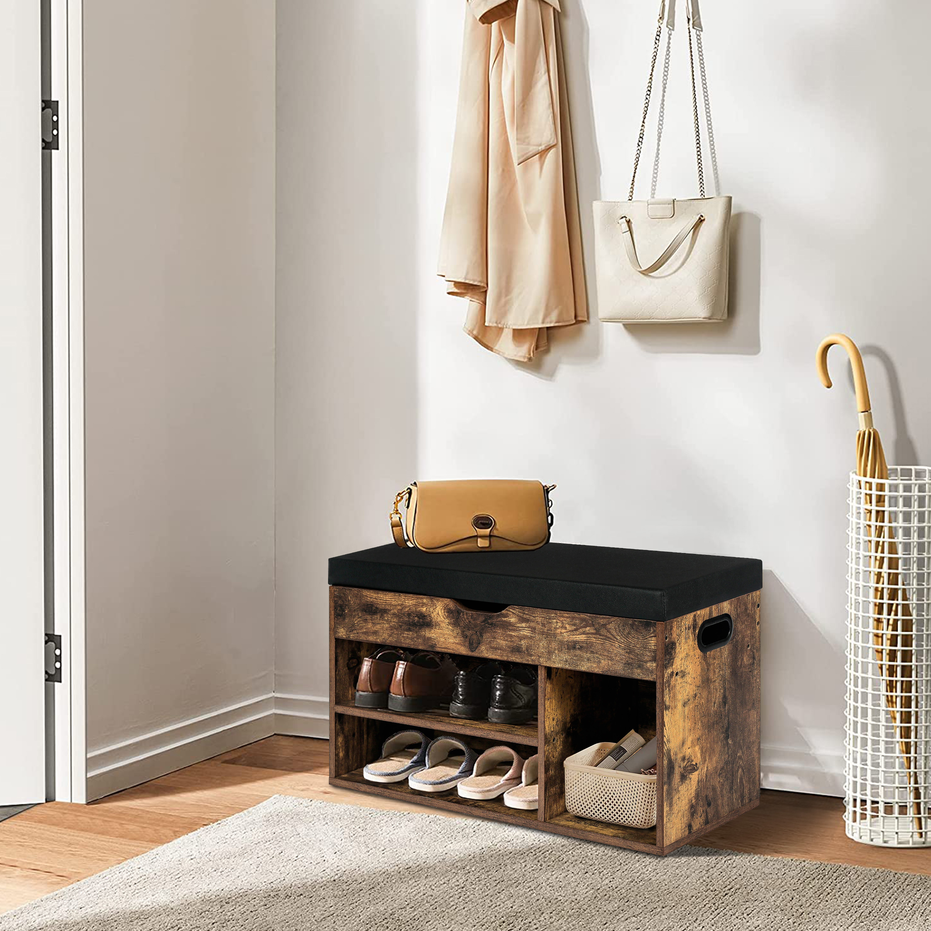 Rustic brown Shoe rack storage organizer shoe bench with cushion for entry