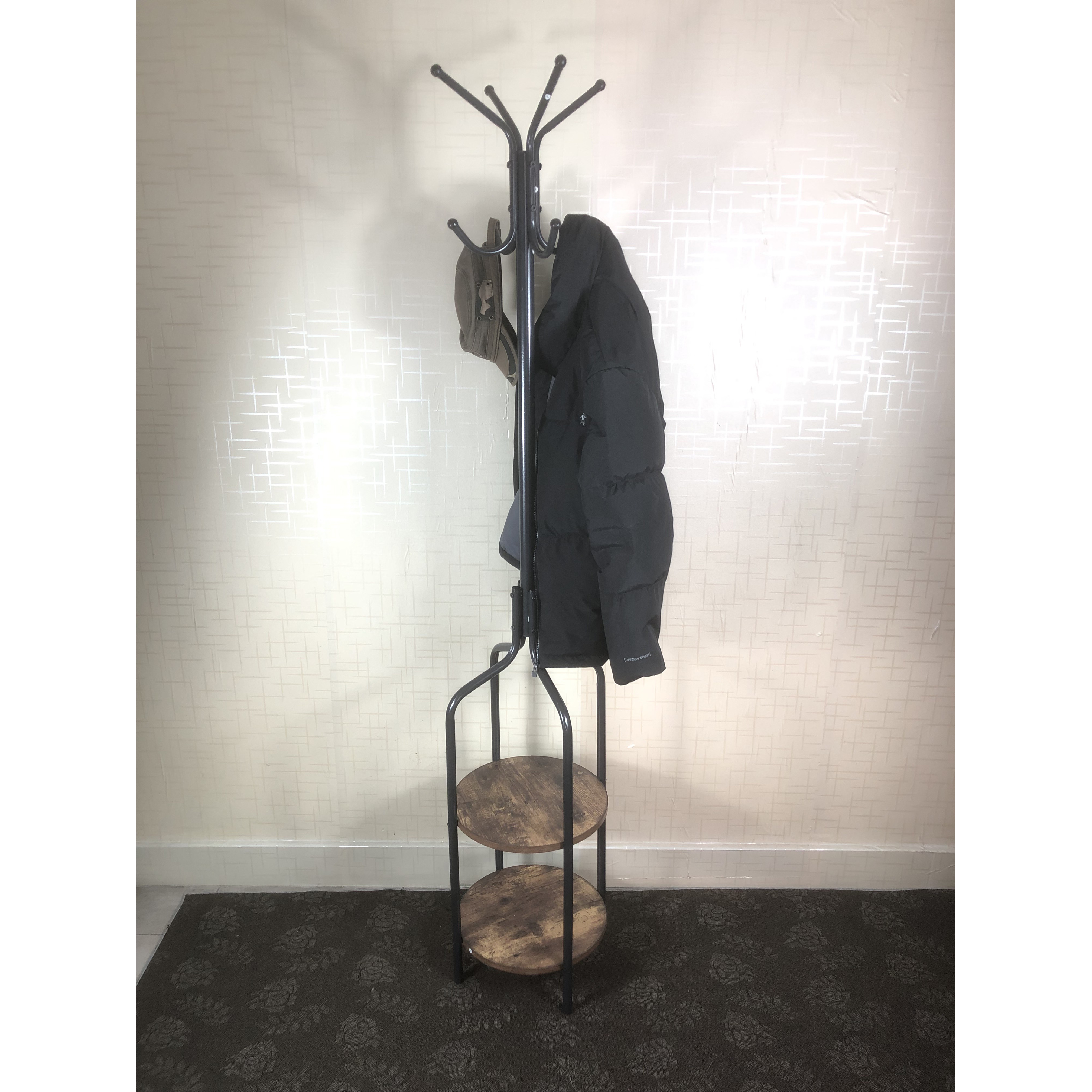 Coat Rack, Coat Stand with 2 Shelves and 8 Hooks, Hall Tree, Free Standing Clothes Stand for Hats, Industrial, Rustic Brown