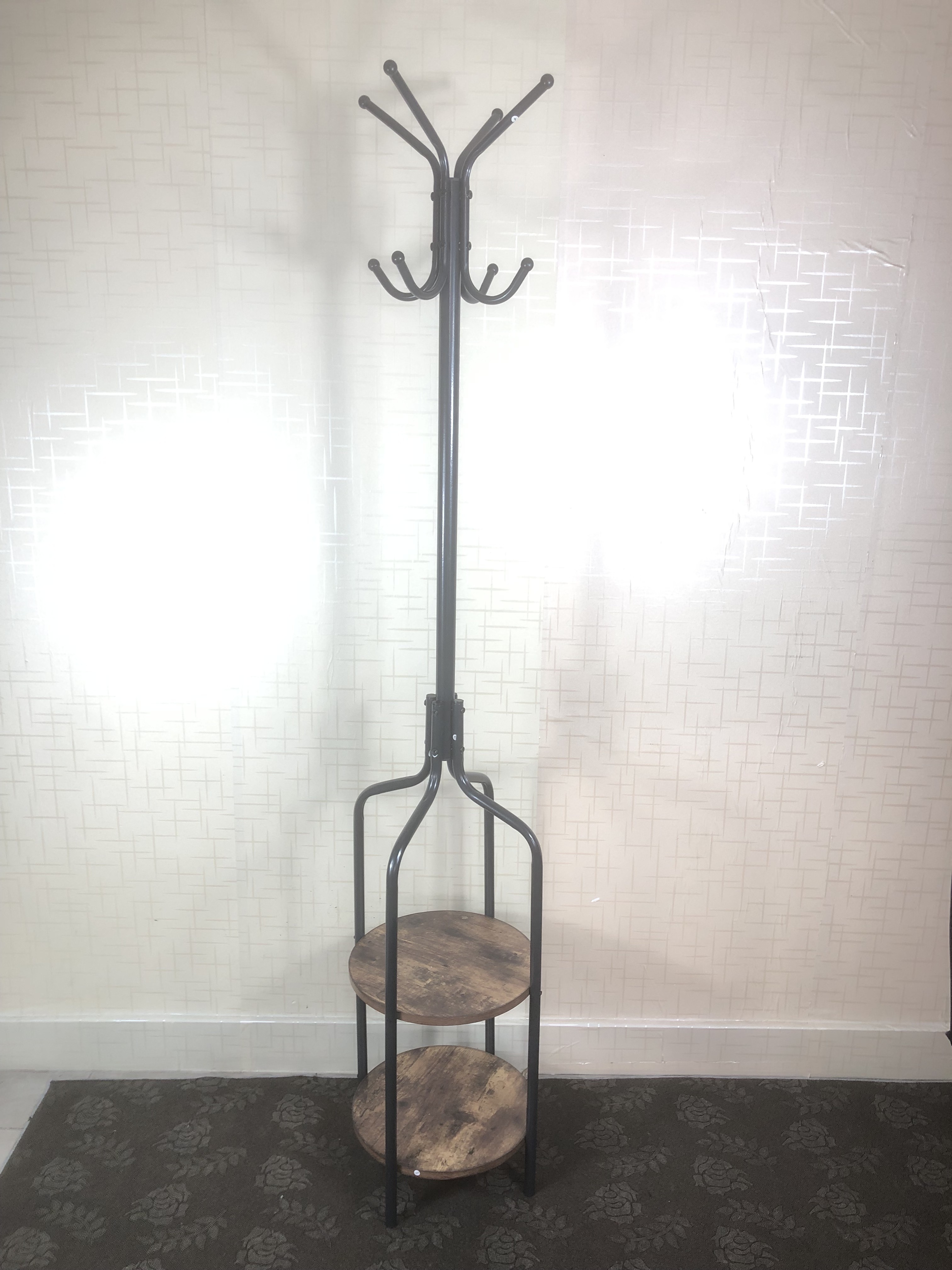 Coat Rack, Coat Stand with 2 Shelves and 8 Hooks, Hall Tree, Free Standing Clothes Stand for Hats, Industrial, Rustic Brown