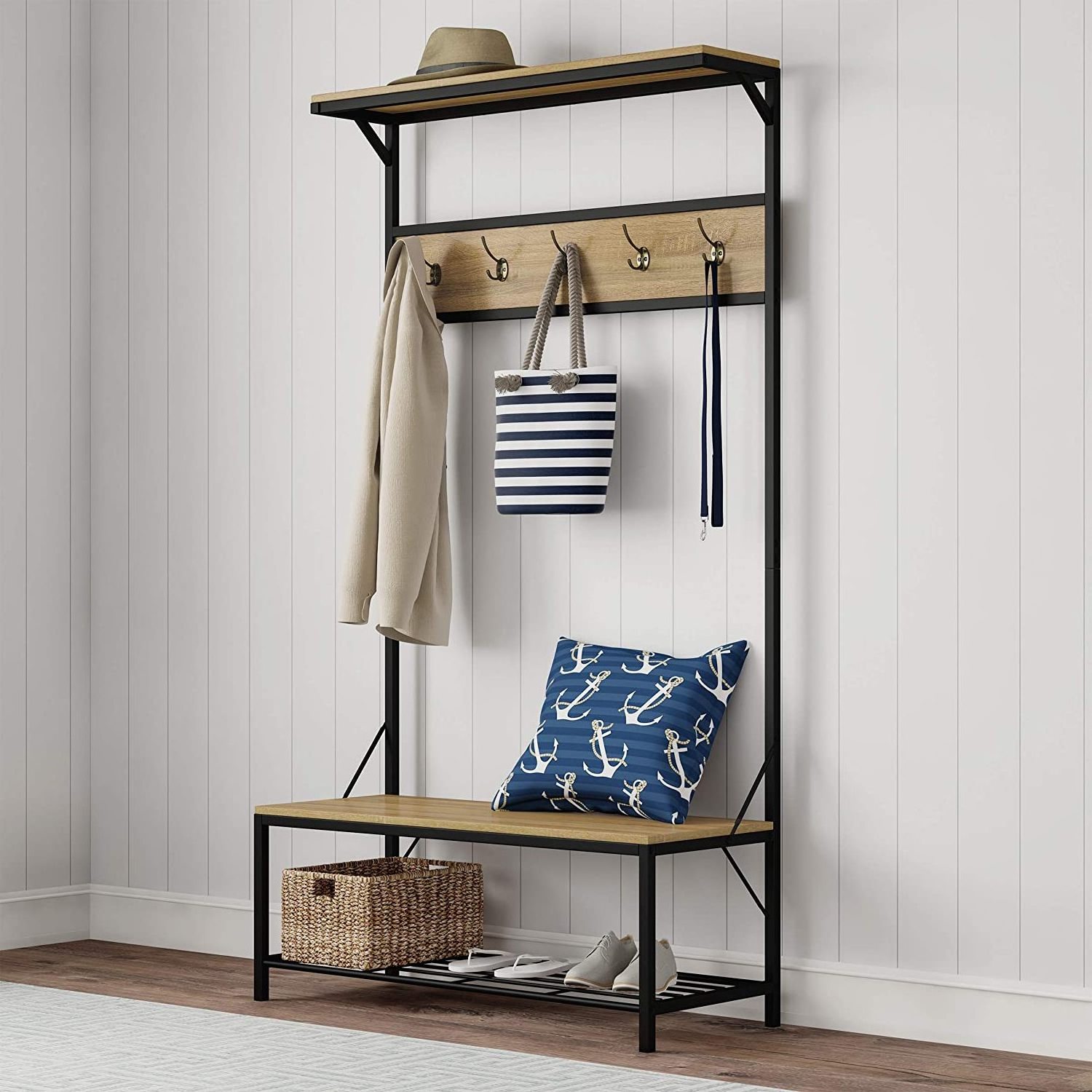 Farmhouse design Hall Tree Coat Rack shoe rack storage organizer for entryway