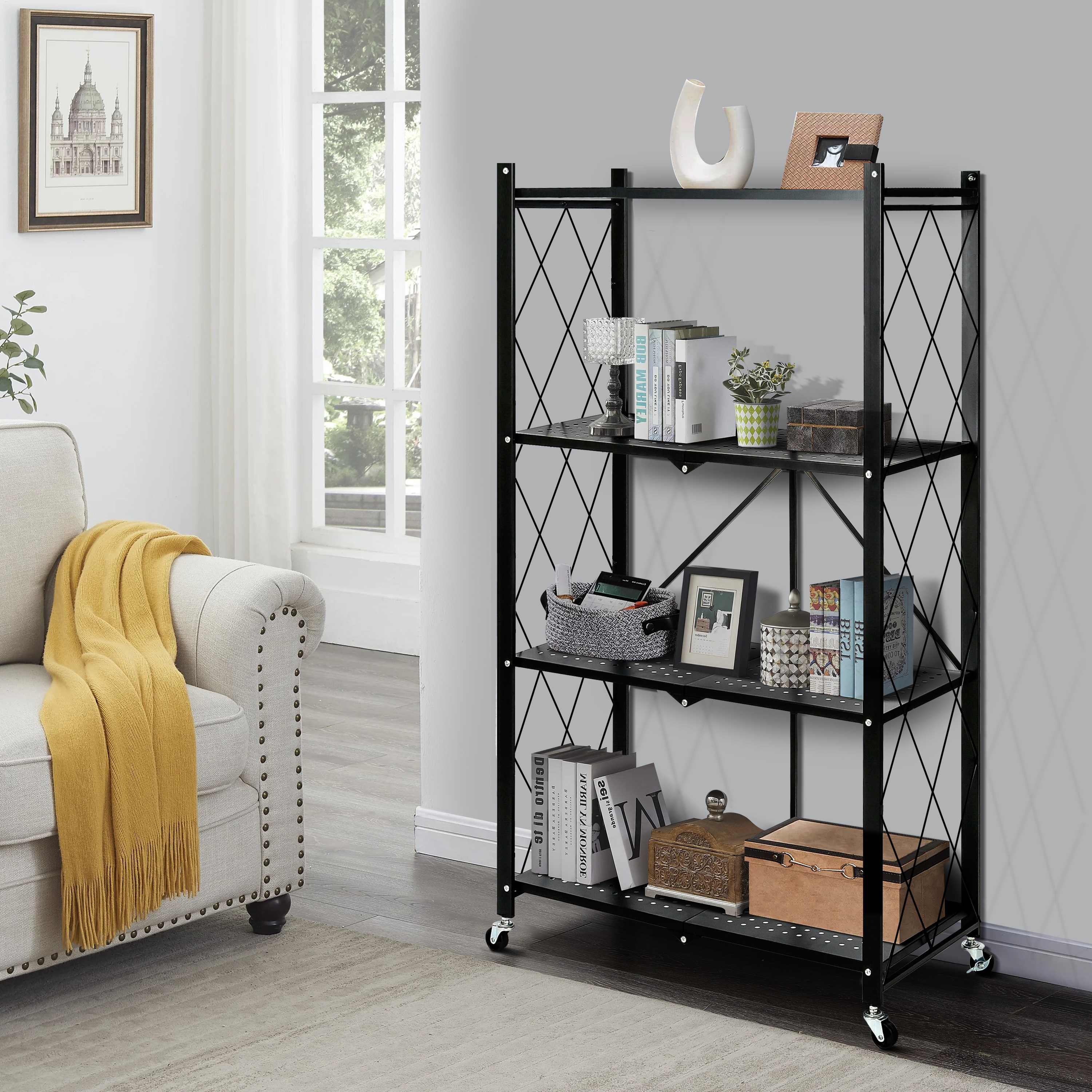 Shelf Foldable Storage Shelves with Wheels, Large Capacity Shelving Unit, Freestanding Metal Wire Shelf Rack