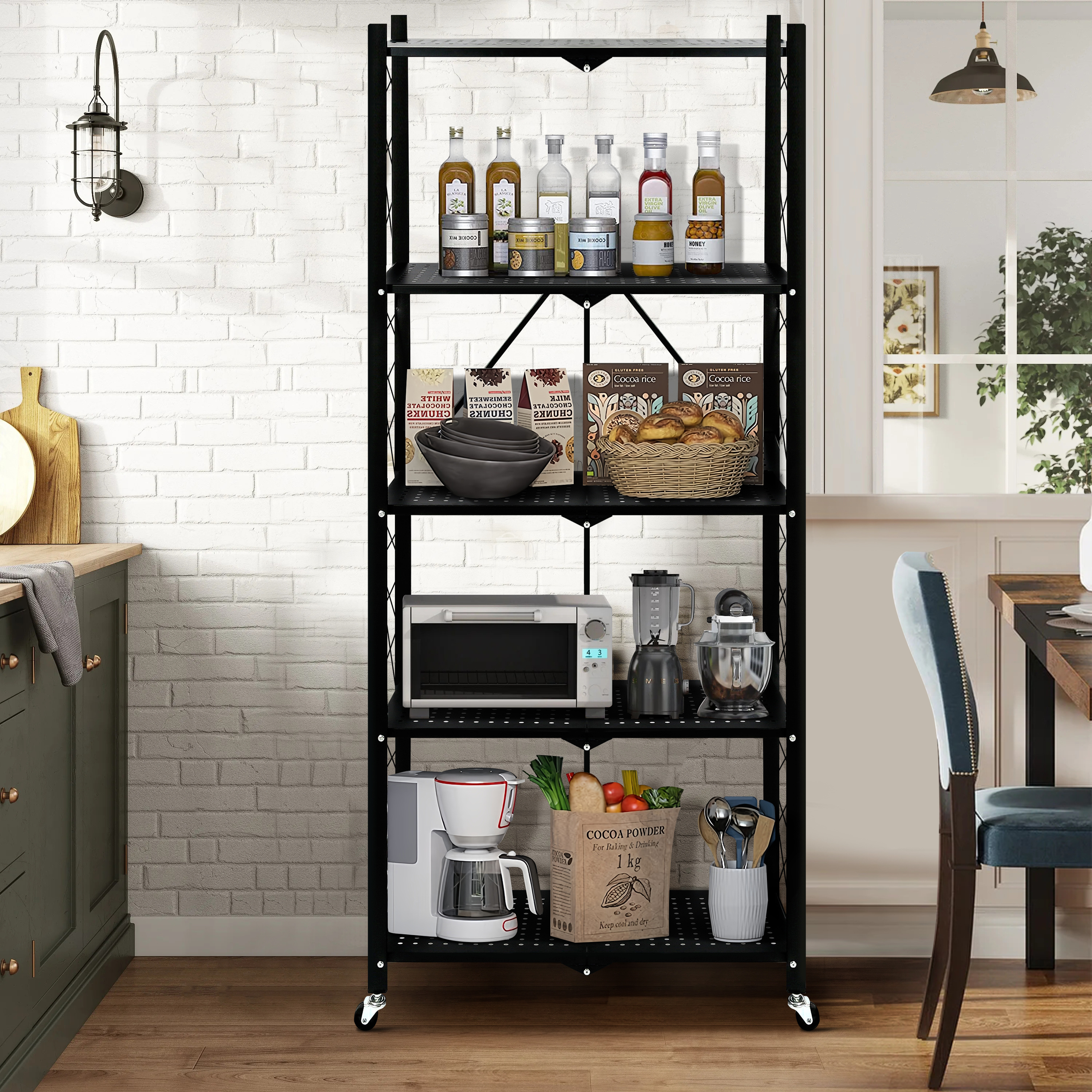 Shelf Foldable Storage Shelves with Wheels, Large Capacity Shelving Unit, Freestanding Metal Wire Shelf Rack