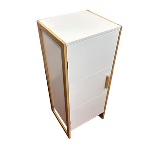 Bathroom Floor Cabinet, Storage Unit With 1 Door 2 Shelves,White MDF with Bamboo Frame Free Standing Cupboard