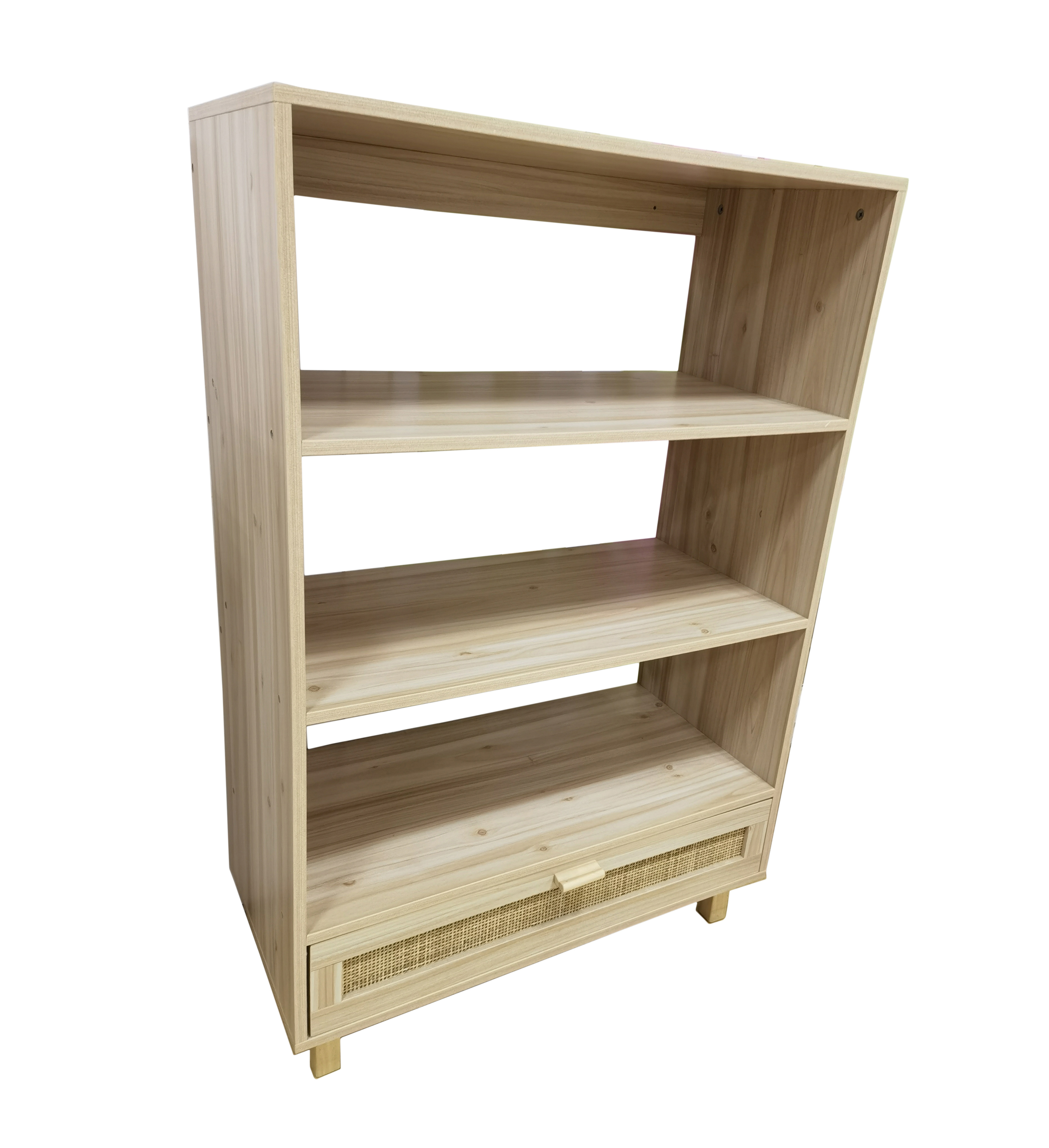 3 Tier Bookcase, 1 Drawer with Rattan Face, Shelving Display Storage Unit Office Living Room Furniture