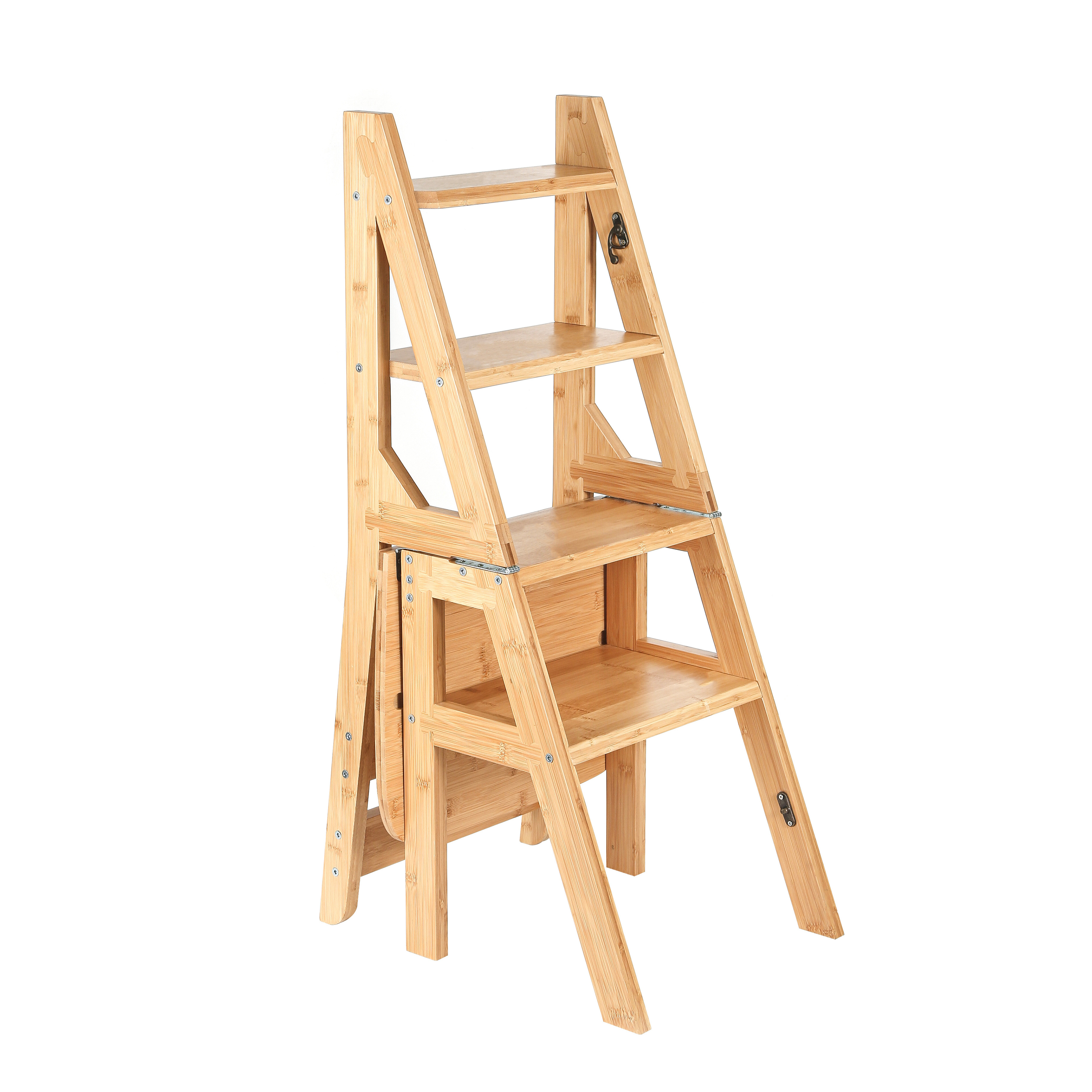 Steps Folding Ladder and Chair Combination, Natural Solid Wood Safety Climb Step Stool Ladder Chairs Portable Stepladder Chairs