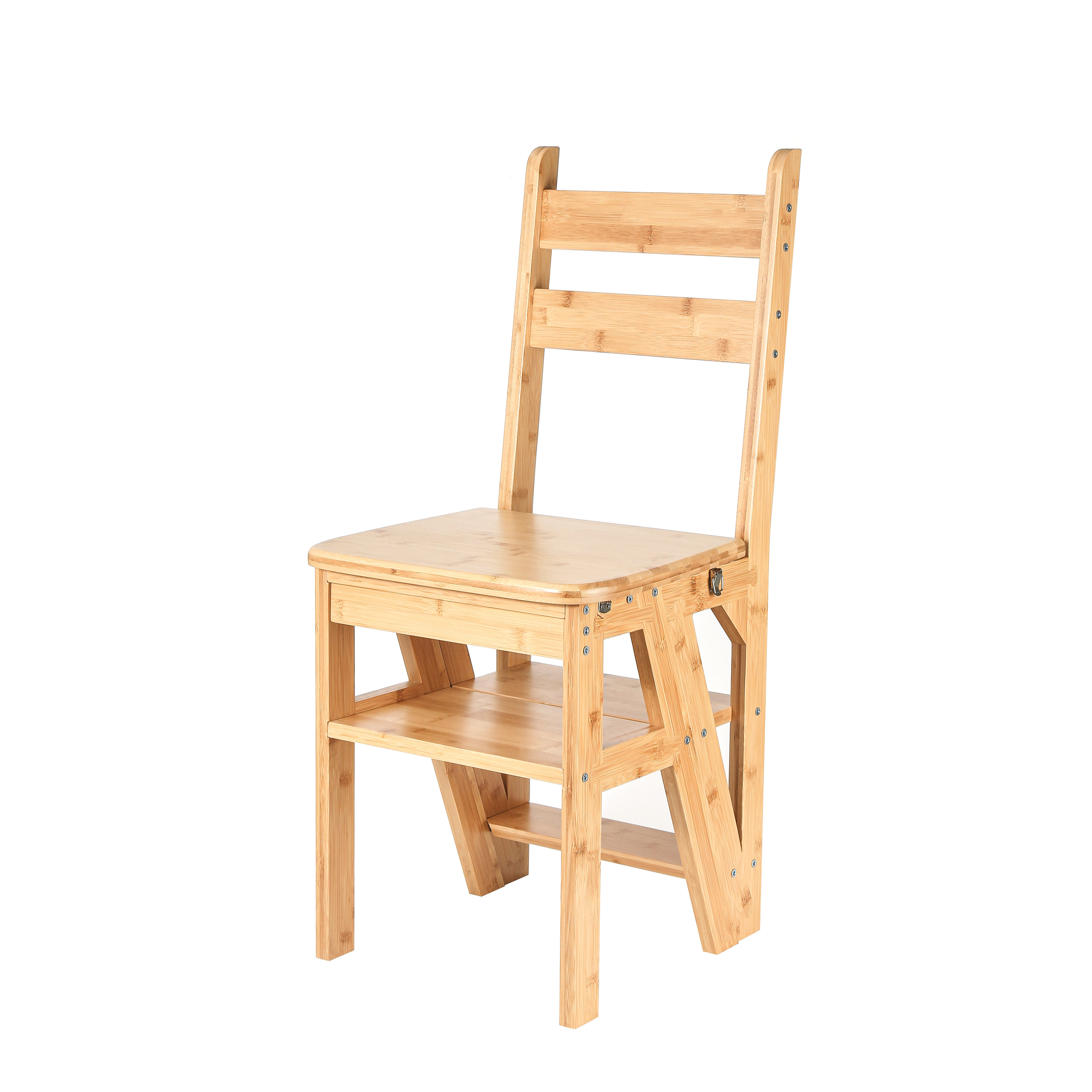 Steps Folding Ladder and Chair Combination, Natural Solid Wood Safety Climb Step Stool Ladder Chairs Portable Stepladder Chairs