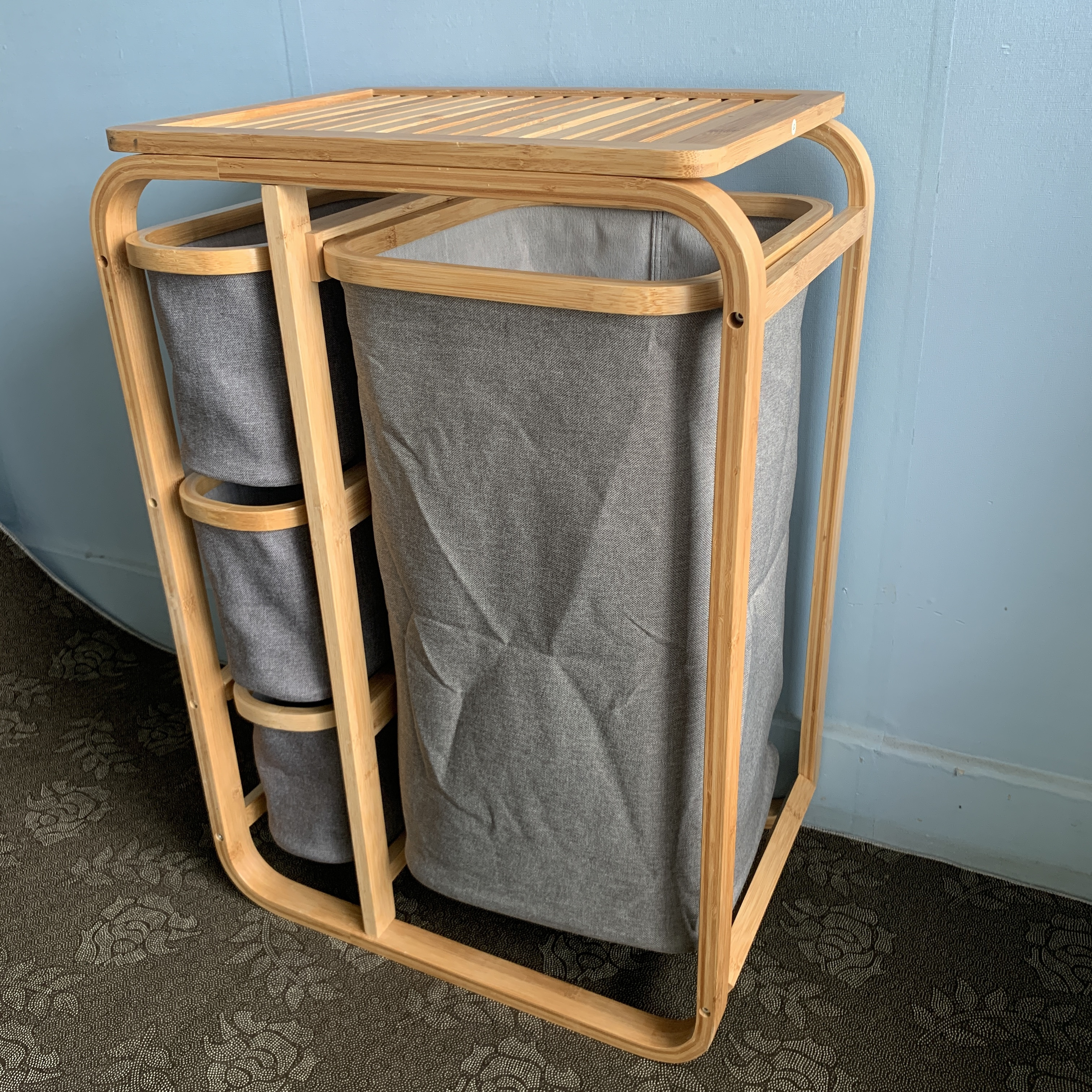 Bamboo Laundry Hamper and Shelf, Dual Compartments Laundry Basket with Removable Bag, 4 Sections Laundry Organizer and Storage