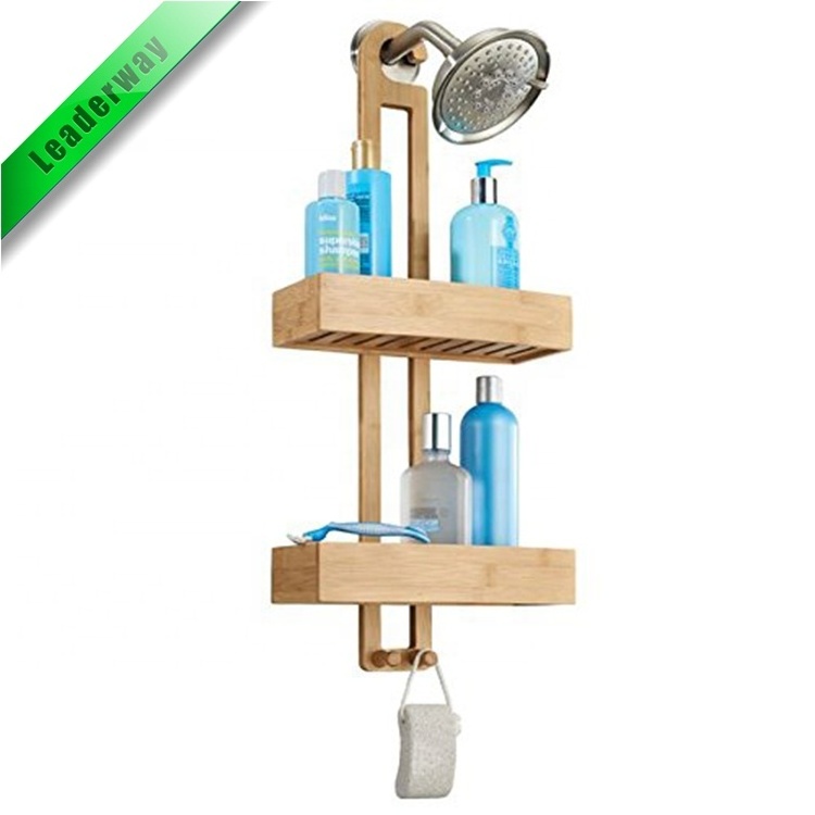 Bamboo Shower Tray Shelf Wooden Rack with 2 Shelves Shower Baskets for Hanging in The Bathroom Rust-Proof Bath Caddy, Natural