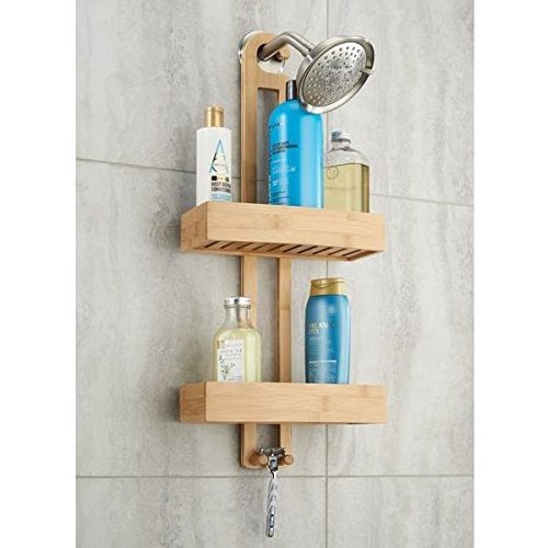 Bamboo Shower Tray Shelf Wooden Rack with 2 Shelves Shower Baskets for Hanging in The Bathroom Rust-Proof Bath Caddy, Natural