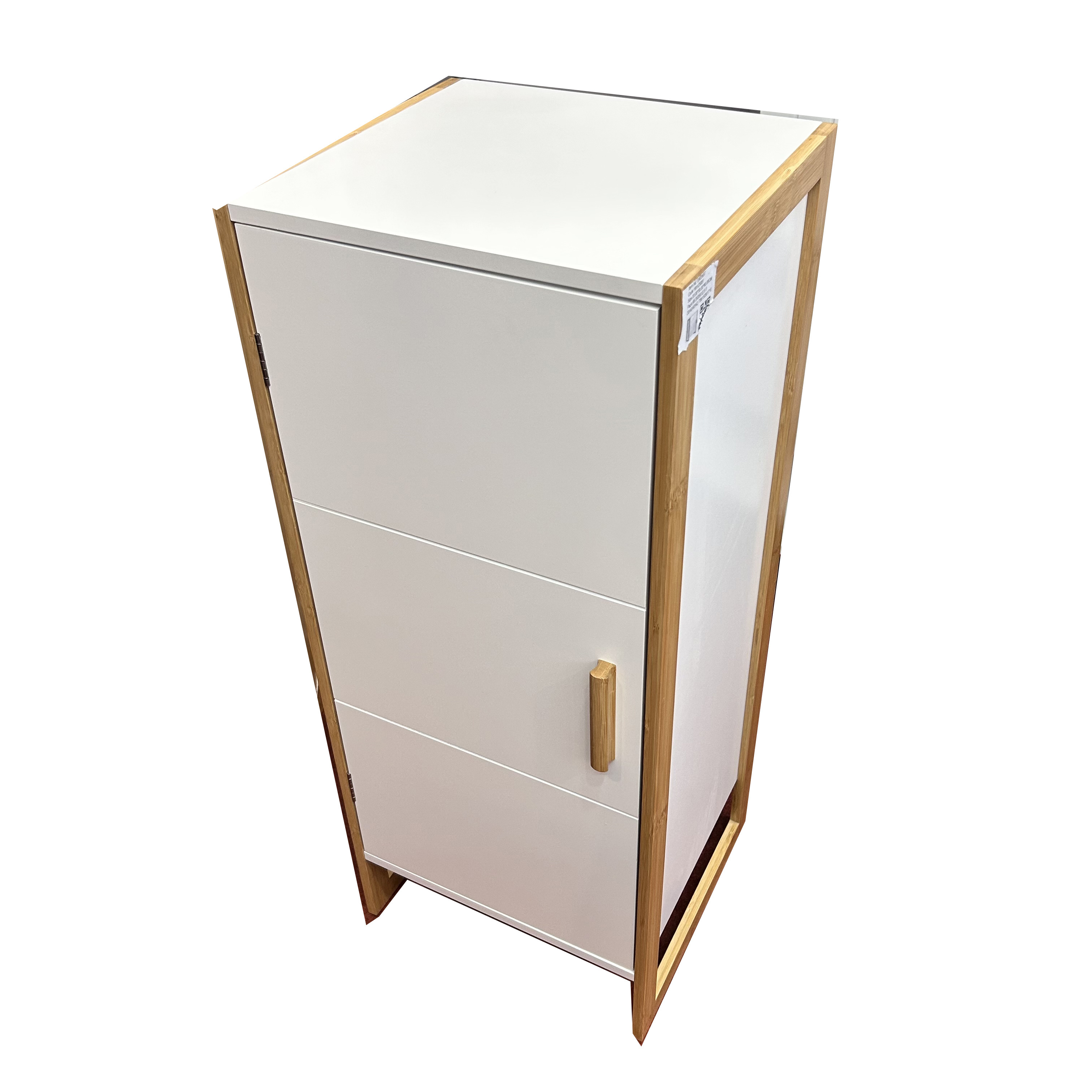 Bathroom Floor Cabinet, Storage Unit With 1 Door 2 Shelves,White MDF with Bamboo Frame Free Standing Cupboard