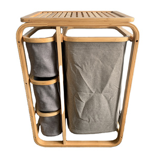 Bamboo Laundry Hamper and Shelf, Dual Compartments Laundry Basket with Removable Bag, 4 Sections Laundry Organizer and Storage