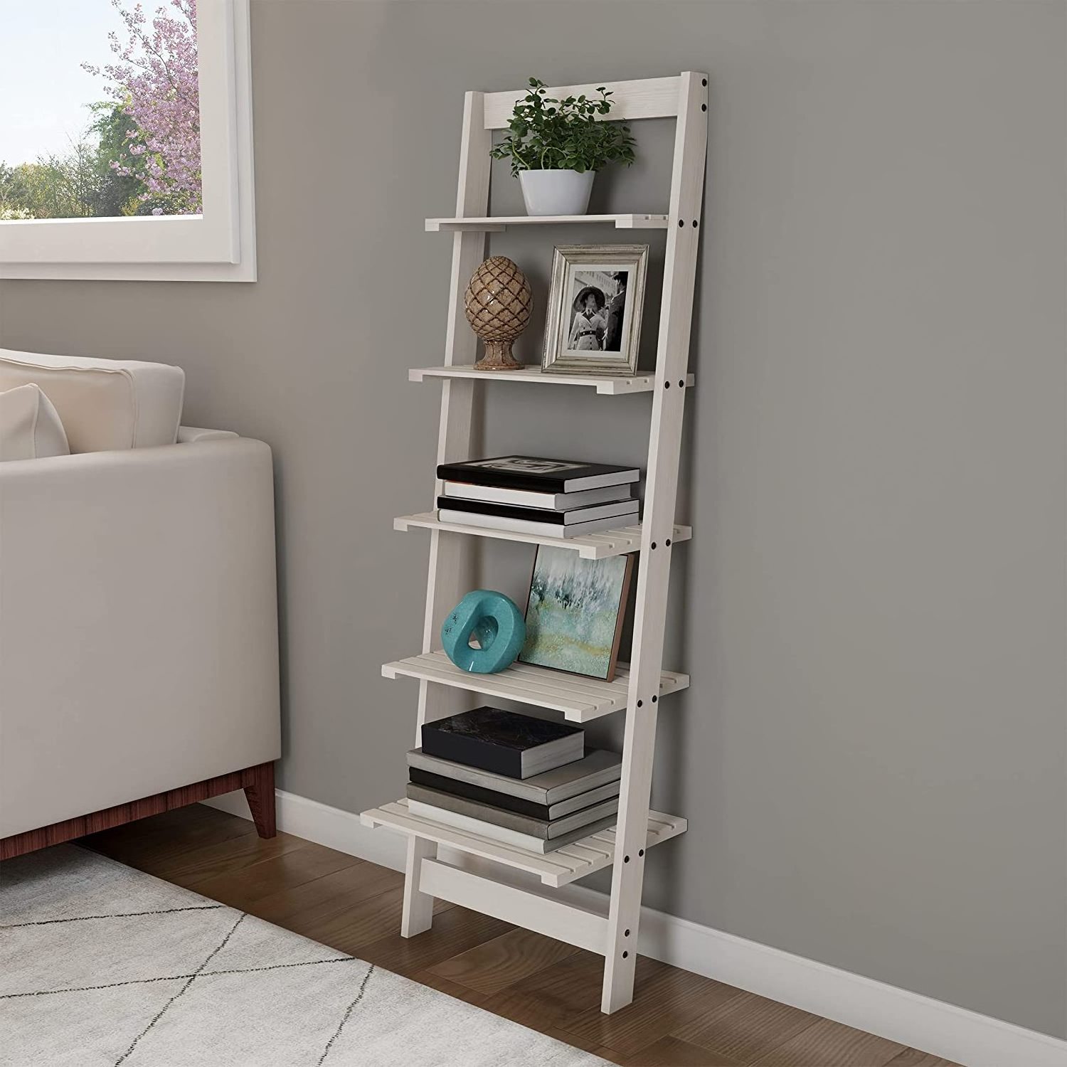 living room 5 tier Leaning Decorative Shelves for Display wood display ladder wooden wall leaning book case