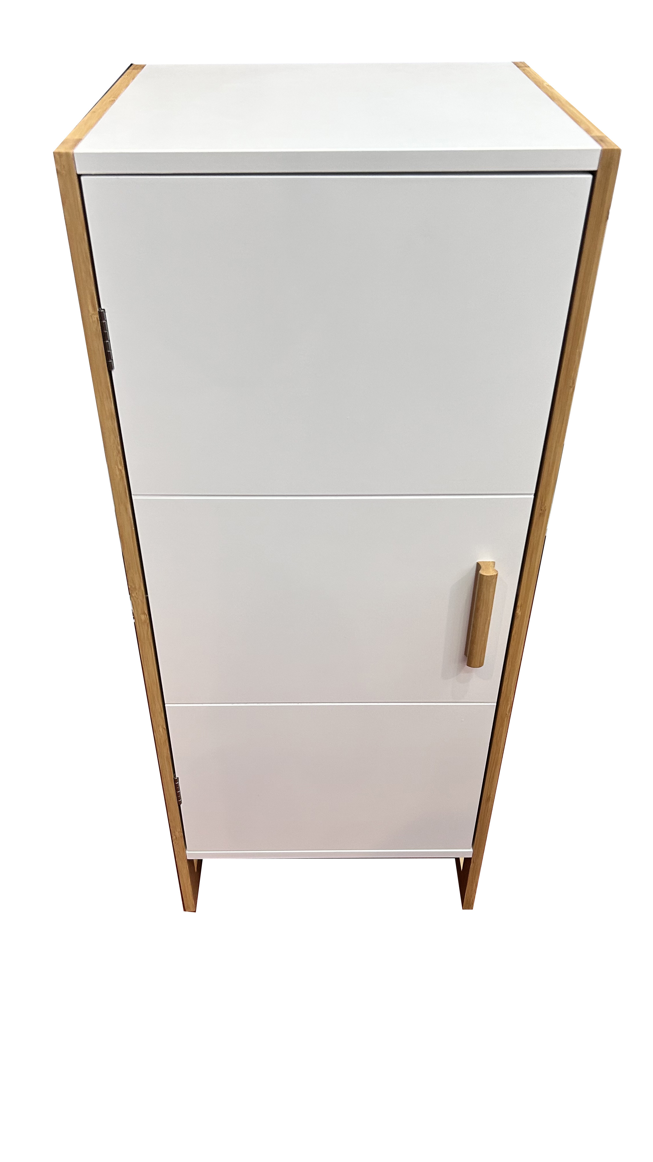 Bathroom Floor Cabinet, Storage Unit With 1 Door 2 Shelves,White MDF with Bamboo Frame Free Standing Cupboard