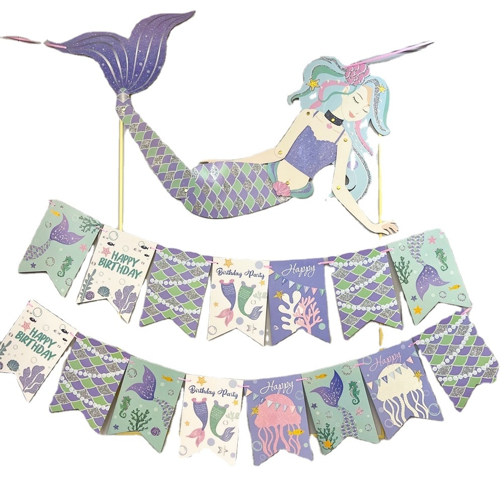 Mermaid Birthday Bunting Banner Flag Happy Birthday Party Layout Banner Background Decorative String Paper Flag